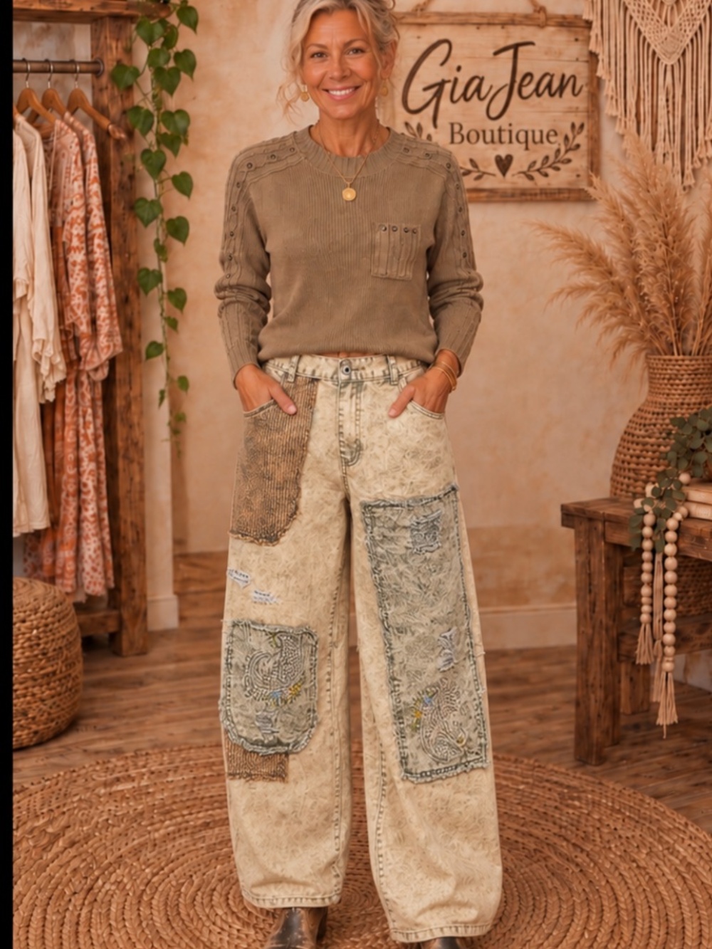 ❤️ POL “ ANITA ” POL TWILL WIDE LEG PANT WITH EMBROIDERY DETAIL